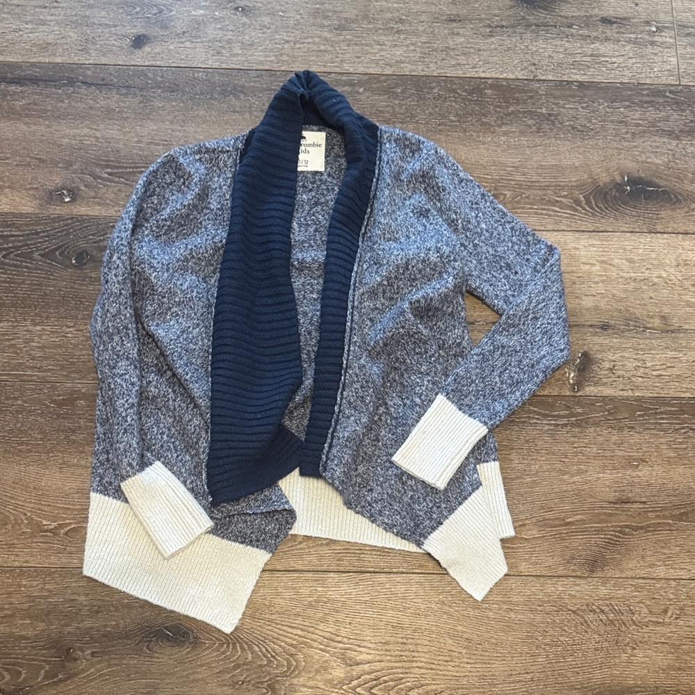 abercrombie kids navy, gray and cream knit shawl cardigan